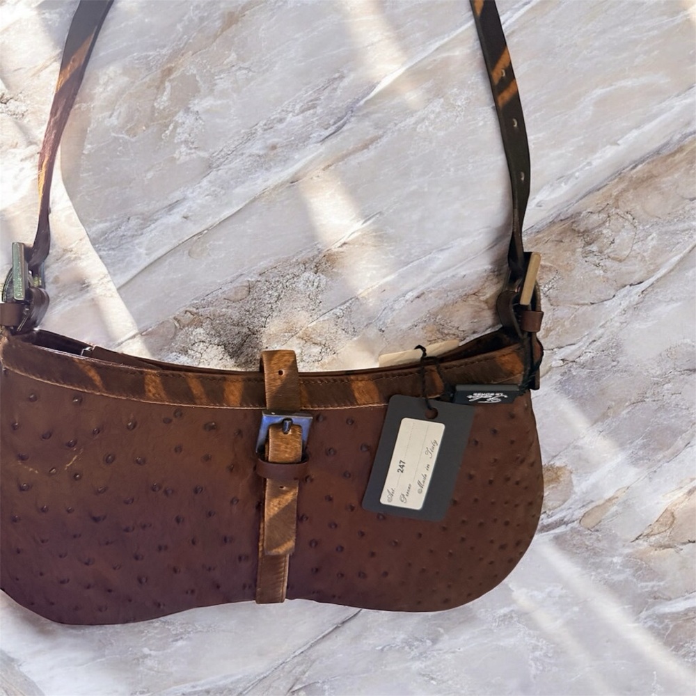 Rare Falor Firenze ostrich Leather Shoulder Bag NWT MADE in Italy dark congac
